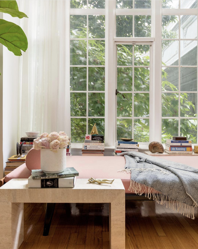 daybed in the living room idea with modern pink daybed against a floor lenghth window with white curtains