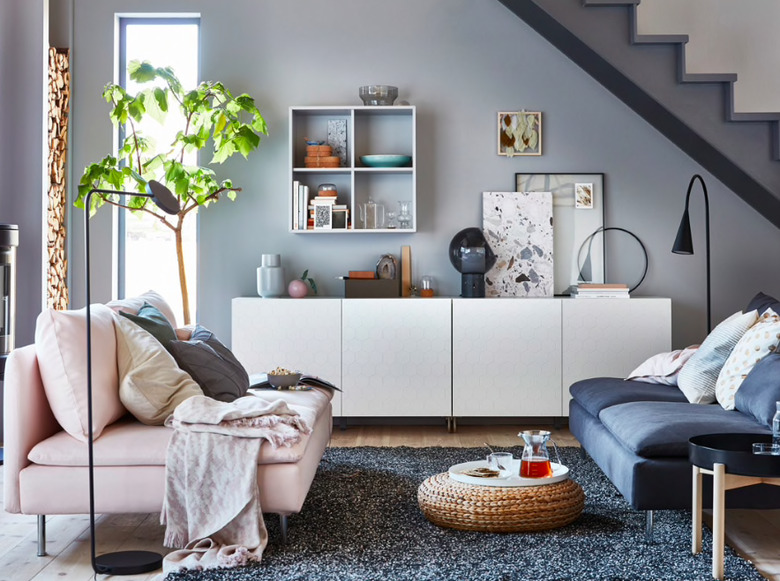 blue living room with IKEA furniture