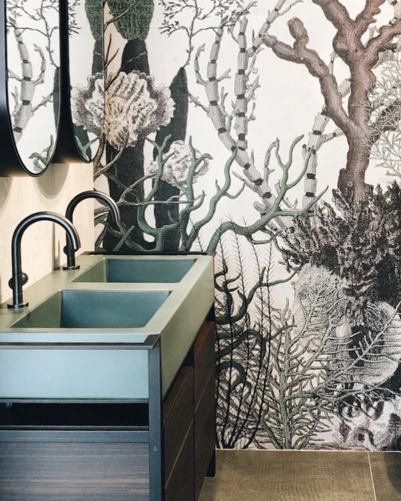 Modern bathroom with ocean-inspired waterproof wallpaper