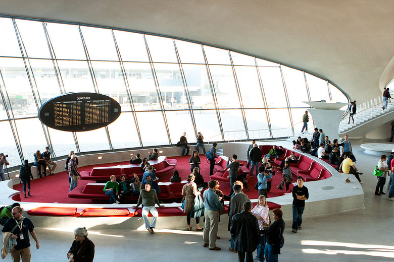 the red conversation pit in the TWA Terminal of JFK airport in New York City