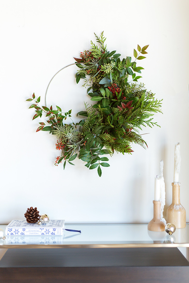 wreath made of eucalyptus, cedar, grevillea foliage, and nandina