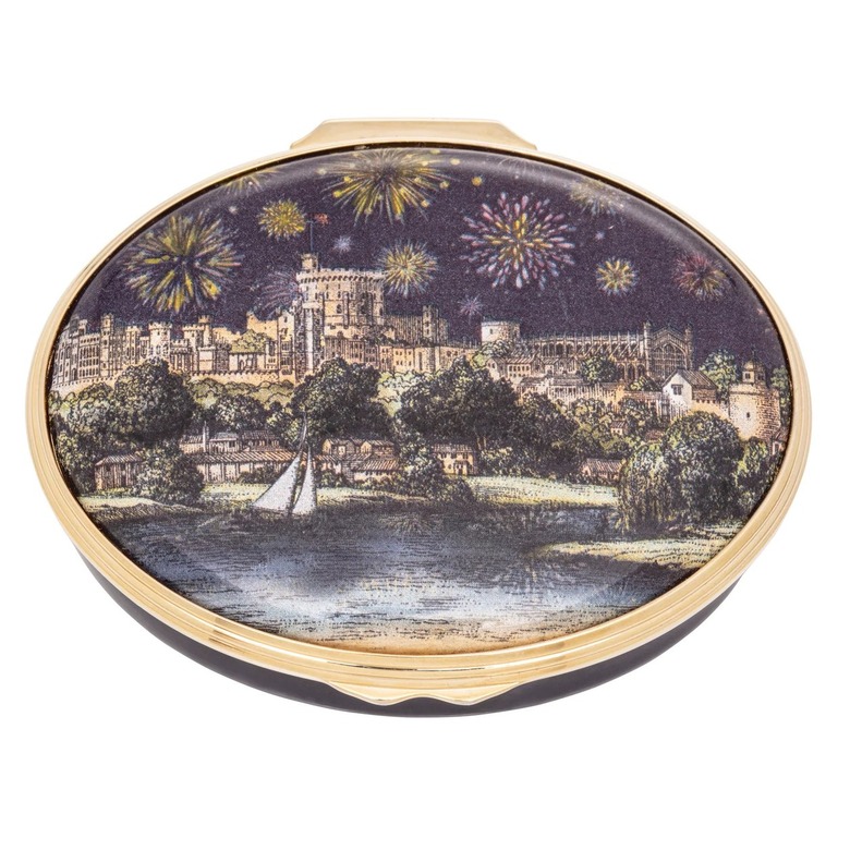 Halcyon Days Fireworks At Windsor Enamel Box showing fireworks above Windsor castle in celebration of the Platinum Jubilee.