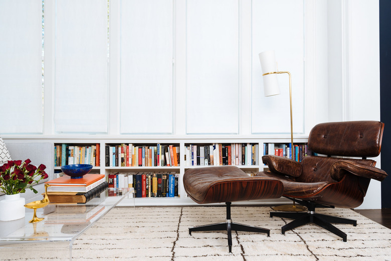 Home Office Built Ins in library with brown leather chair and ottoman