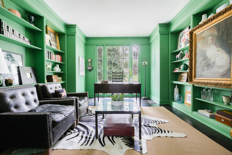 Home Office Built Ins with Green painted home office with built-ins by JL Design