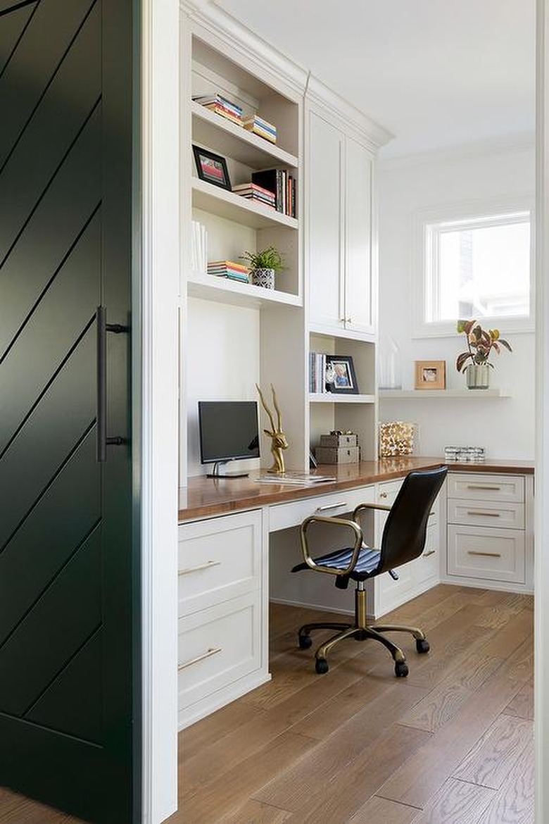 Home Office Doors with Herringbone patterned black barn door by ADŌR Bespoke Homes