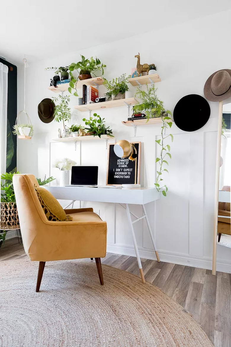 boho office with open shelving and greenery Home Office Ideas on a Budget