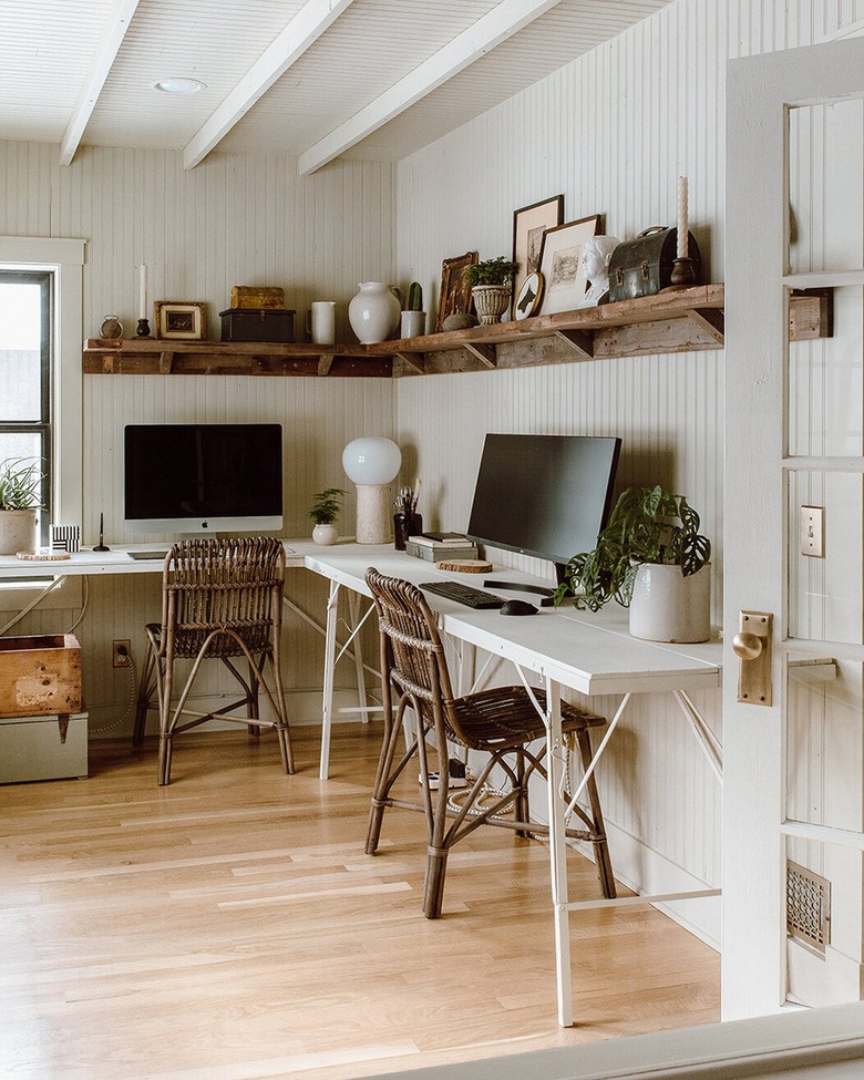 wood vintage wall shelving in neutral vintage office