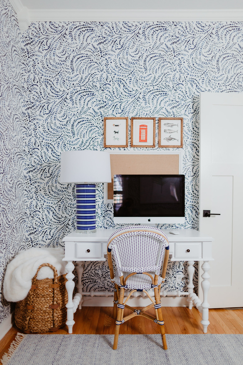 blue and white home office with nautical, floral wallpaper