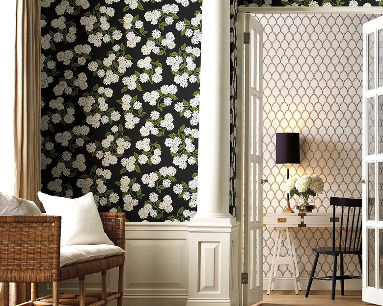 black and white home office visible through a set of french doors