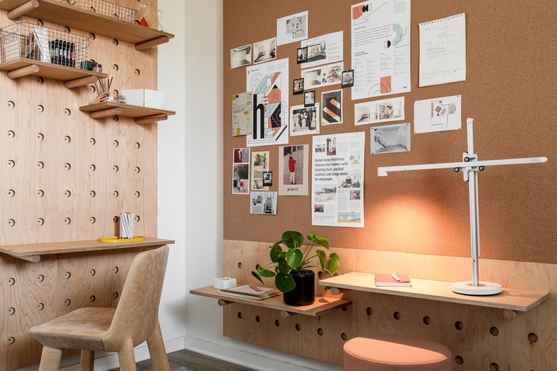 Homeschool Organization with Wood desks with shelving and white industrial lamp