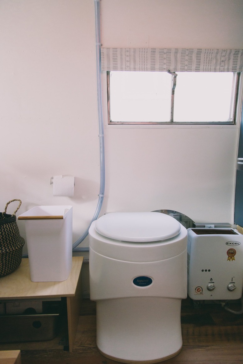 a composting toilet next to the water heater