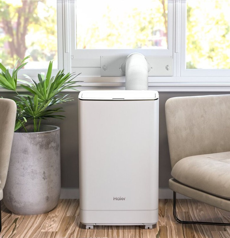 A white portable A/C in a living room next to a plant and a sofa