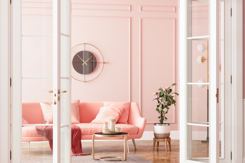 Entrance Of Living Room With Wall Clock, Pink Sofa, Potted Plant And Coffee Table