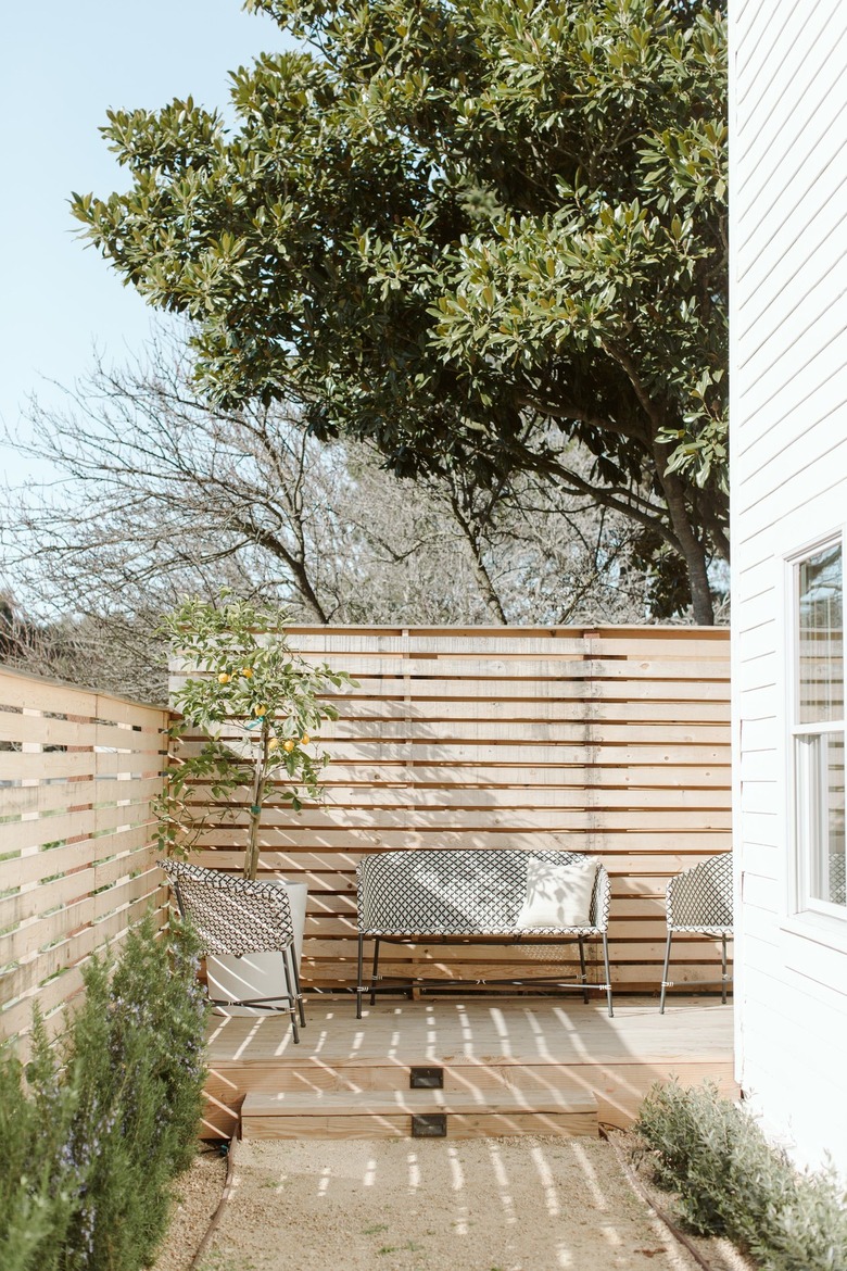 benches on a wooden patio