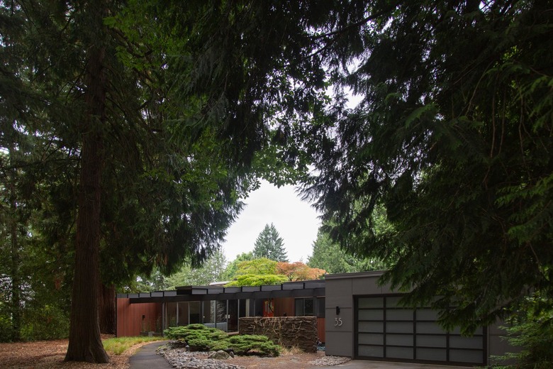 A mid-century gray ranch house with a flat roof, tall trees and hedges in the front landscaping