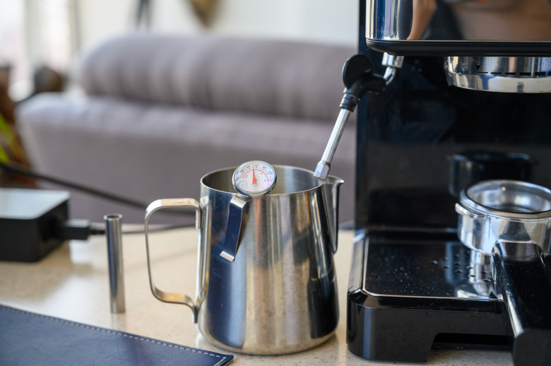 Preparing some hot steamed milk with a home coffee expresso machine