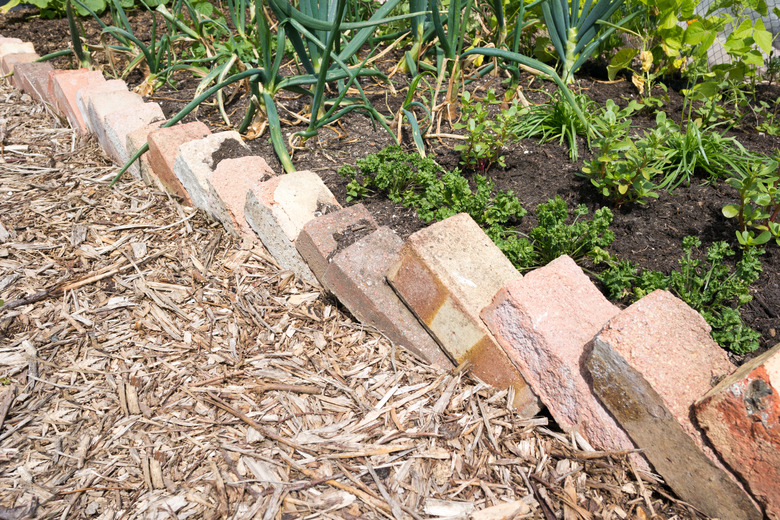 Re-used house bricks forming the edge of a garden planter