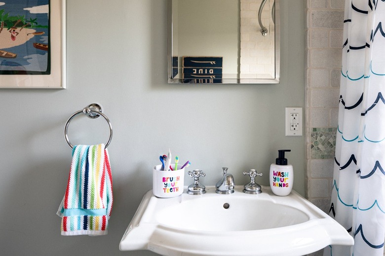 Bathroom with colorful accents.