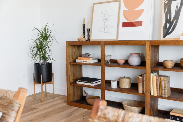 How To Organize a Bookshelf a Wooden bookshelf with books and other decorative trinkets next to a plant in a black pot.