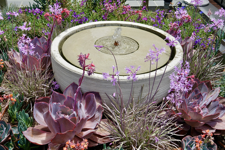 Pink hued succulents adorn a bubble water fountain.