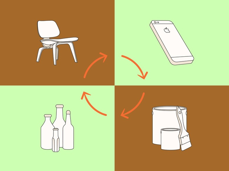 An illustration showing four items (a chair, cell phone, bottles, and paint) with a recycling arrow in the center.