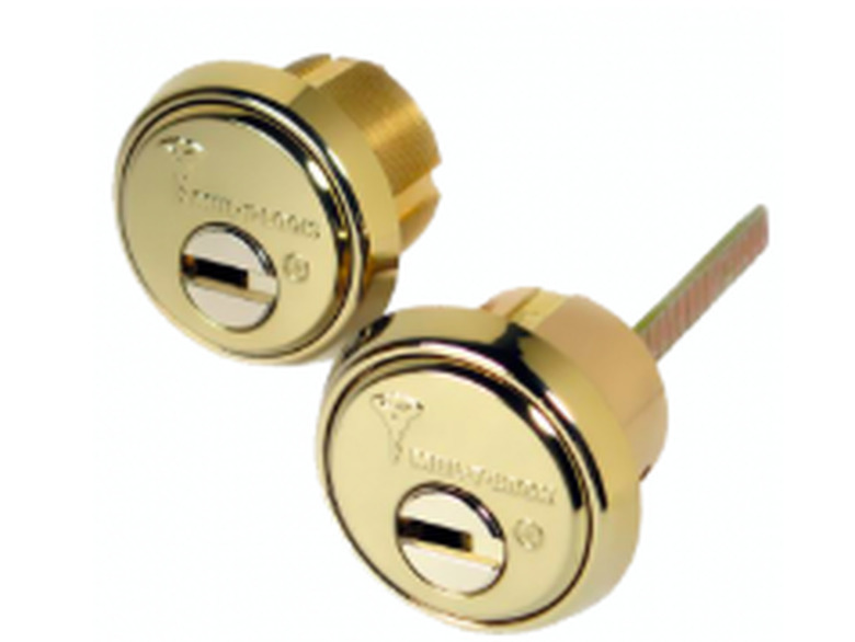 A pair of door lock cylinders.