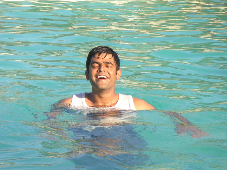 Swimming pool with greenish water.