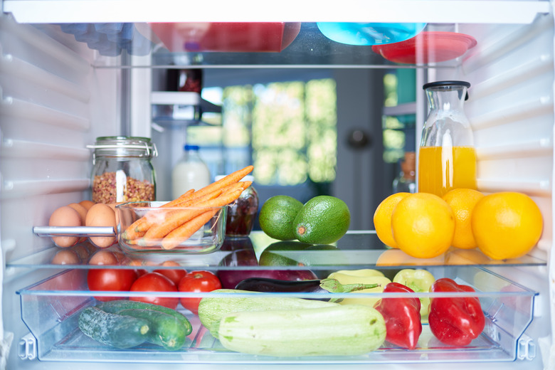 Opened fridge from the inside.