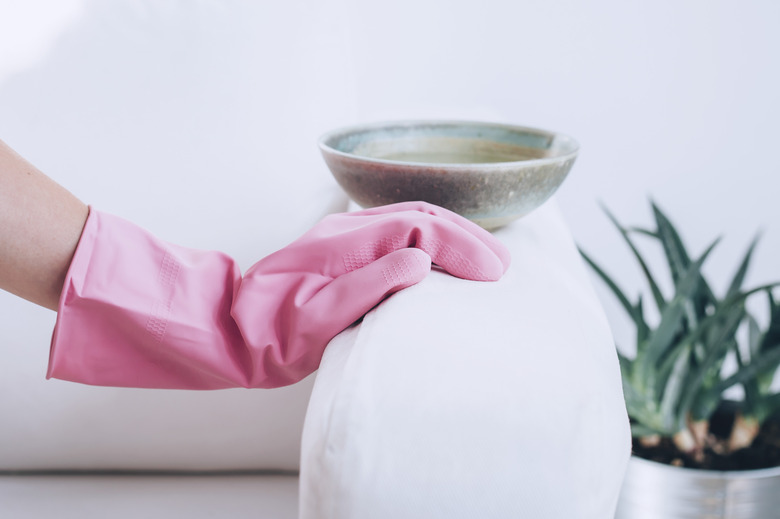 person wearing a pink rubber glove placing their hand on couch armrest with ceramic bowl