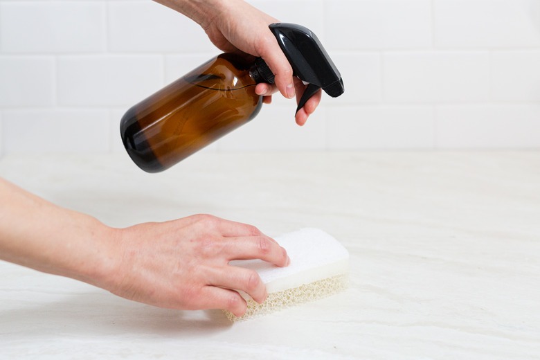 Hands holding brown spray bottle and sponge