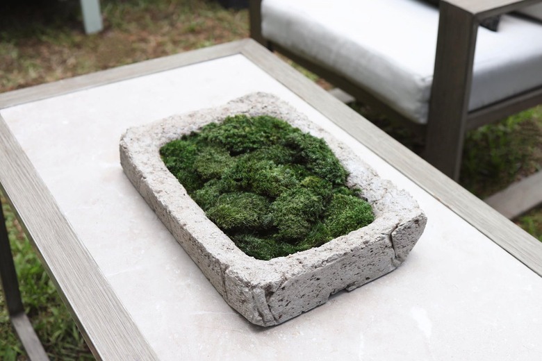 Hypertufa stone moss trough on outdoor coffee table