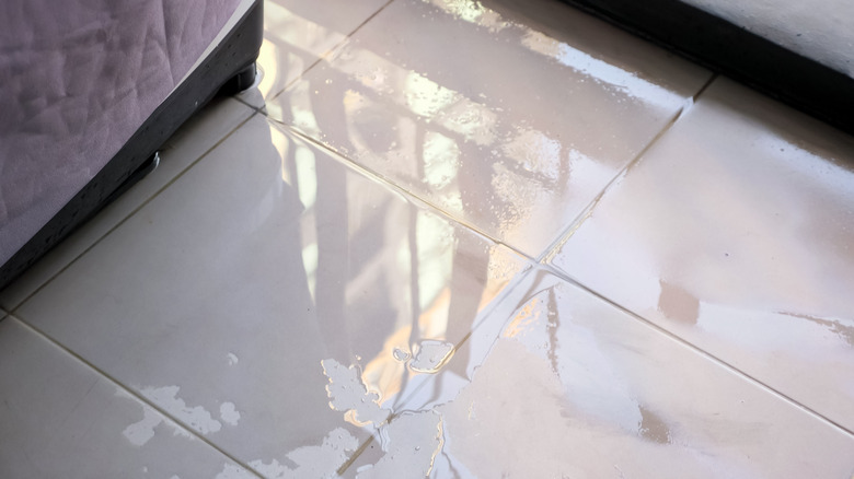 trembling water puddle covers white tile in house closeup