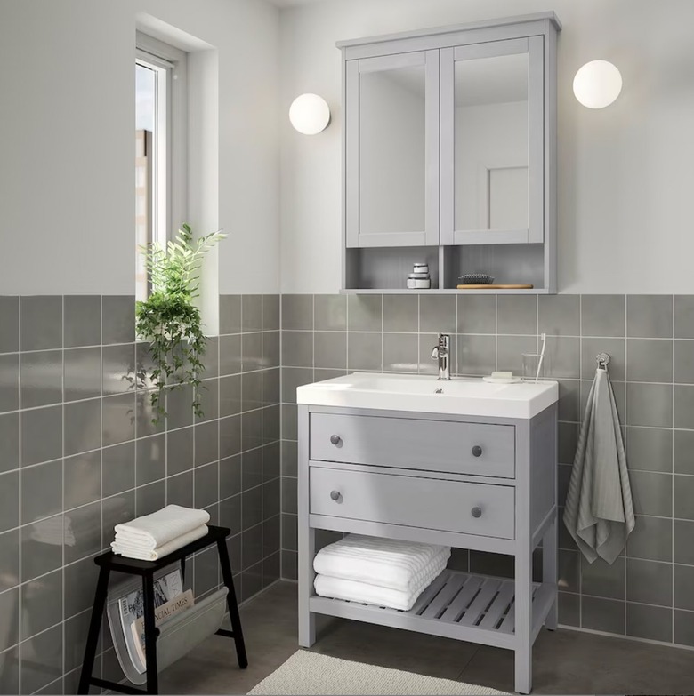 gray open and closed storage vanity