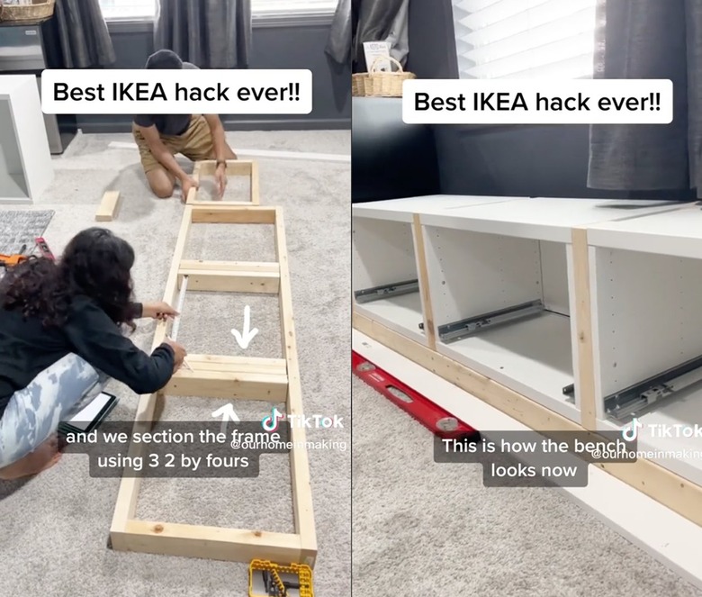 DIYers assembling a frame for a window bench using two-by-fours and IKEA Besta cabinets