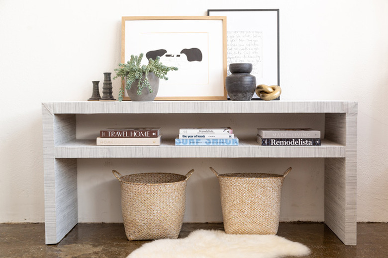 IKEA Hack LACK console table covered in grasscloth wallpaper