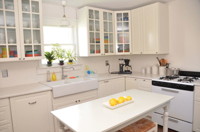 IKEA countertops in kitchen with white cabinets