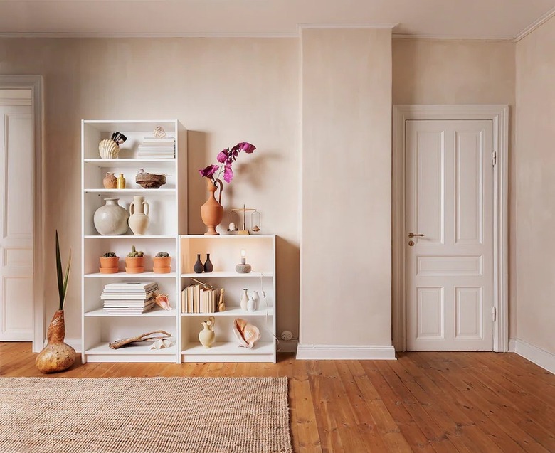 Beige room with a white bookshelf full of books and plants with a beige rug on a wooden floor.