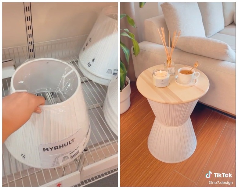 A two-pane image showing an IKEA lampshade and a side table made of two white IKEA lampshades and a wood Lazy Susan.