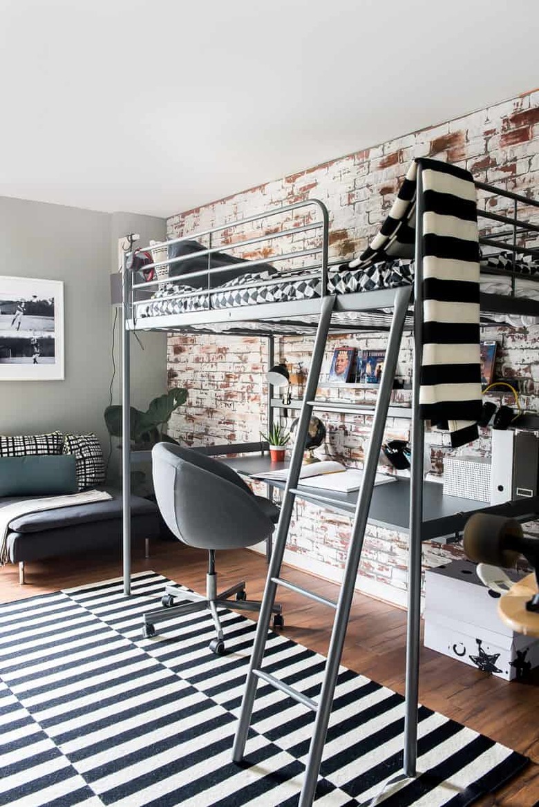 IKEA kids' room ideas with black and white striped details and lofted bed