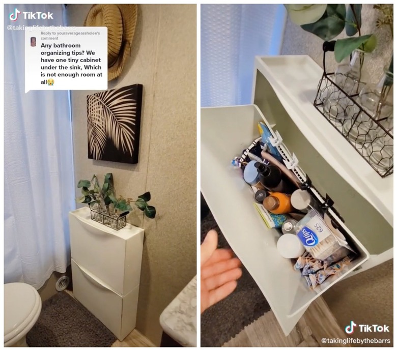 A two-pane image showing bathroom products being stored in an IKEA Trones white shoe cabinet.