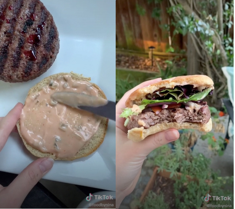 person making burger in TikTok video