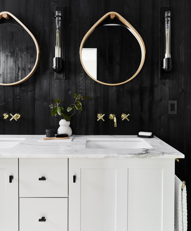 industrial bathroom backsplash with black walls