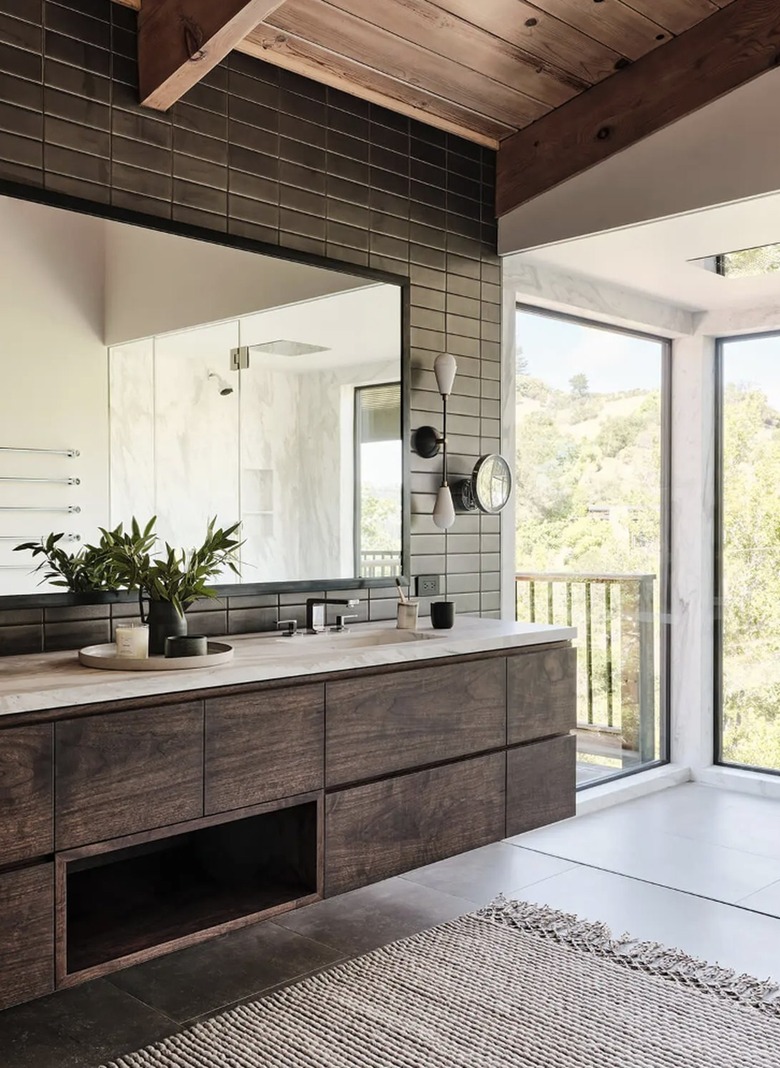 industrial bathroom backsplash with large vanity