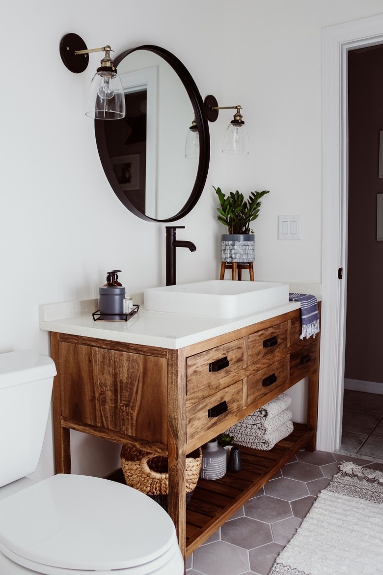 Industrial Bathroom Storage with industrial storage vanity with open shelving