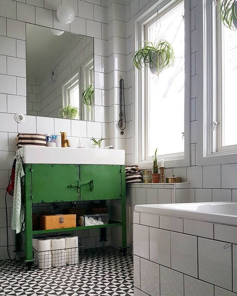 white tiles industrial bathroom vanity with green metal vanity