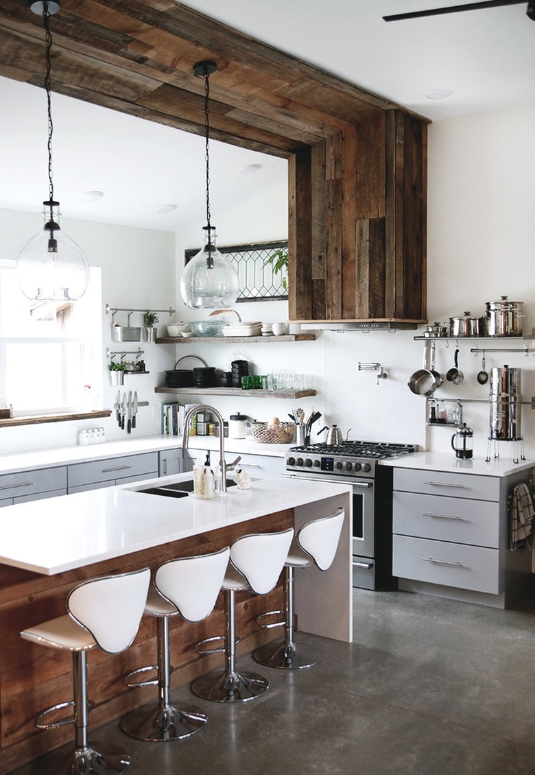 reclaimed wood hood in industrial farmhouse kitchen