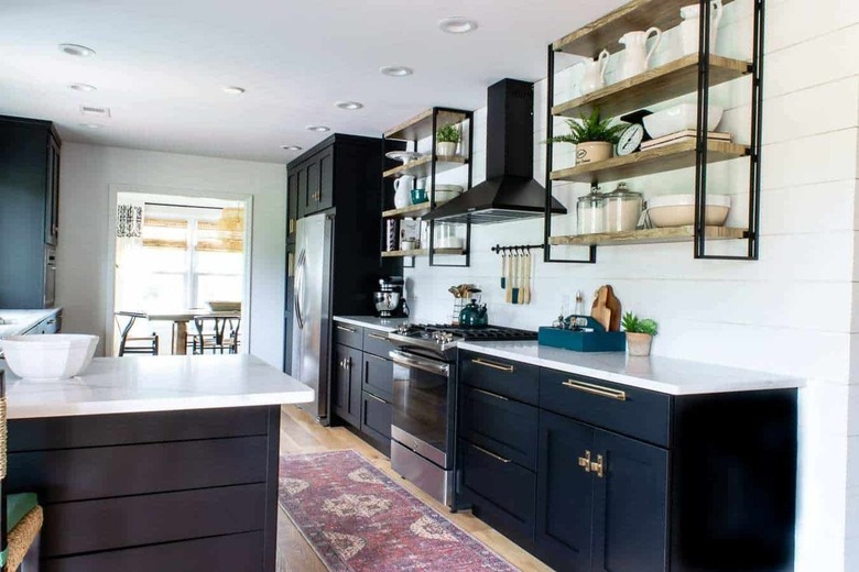 black industrial farmhouse kitchen with open shelving