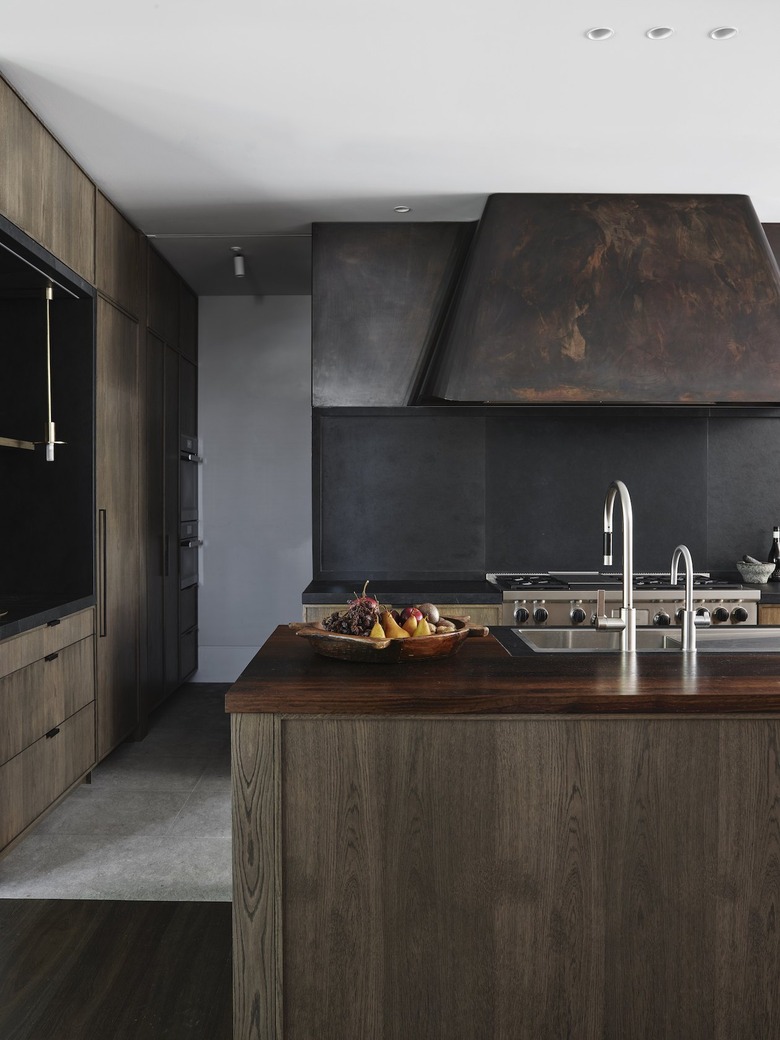 patinated range hood in kitchen