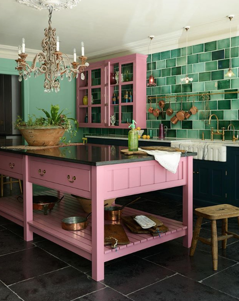 pink and green kitchen color idea with pink island and green backsplash