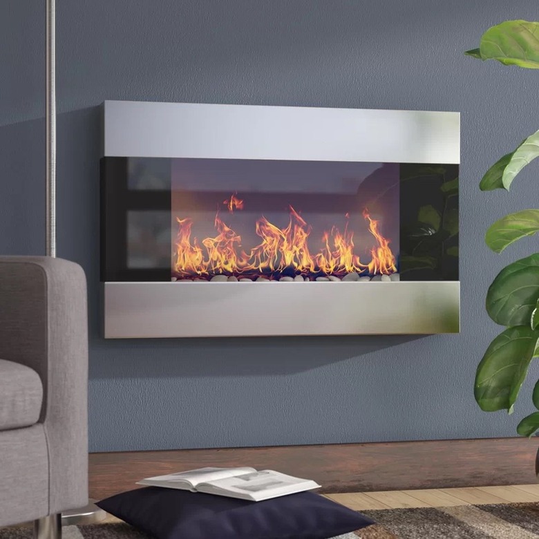 A stainless steel wall-mounted electric fireplace